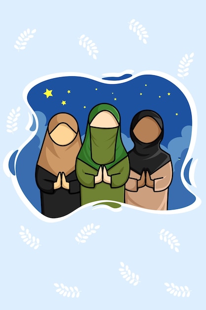 Vector three hijabi girl in ramadan cartoon illustration