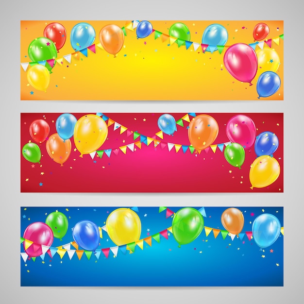 Three holiday banners with colorful balloons pennants and confetti birthday background illustration