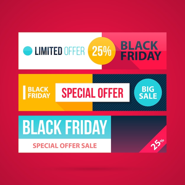 Vector three horizontal black friday banners in modern flat style on vibrant red background