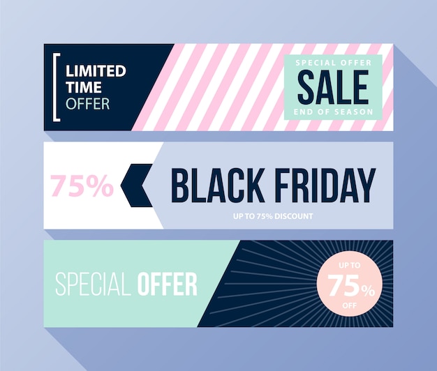 Vector three horizontal black friday banners with soft colors