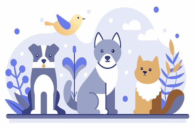 Vector three illustrated dogs and a bird with plants on a clear day