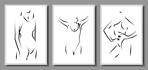 Tre illustrazioni insieme vettoriale di illustrazioni di un bel corpo femminile