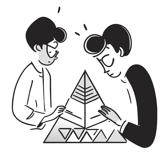 Vector three individuals in different scenes the first is studying the pyramid principle the second