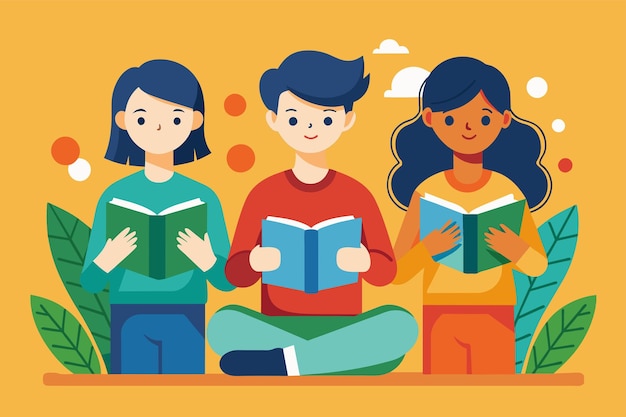 Vector three individuals sitting on the ground engaged in reading books people read a books all the time simple and minimalist flat vector illustration