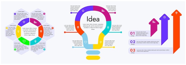 Three infographic elements with 6 and 3 sections for information