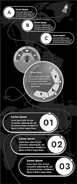 Three infographic elements with 6 and 3 sections for information