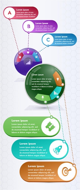 Three infographic elements with 6 and 3 sections for information