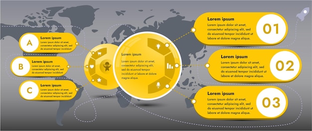 Three infographic elements with 6 and 3 sections for information