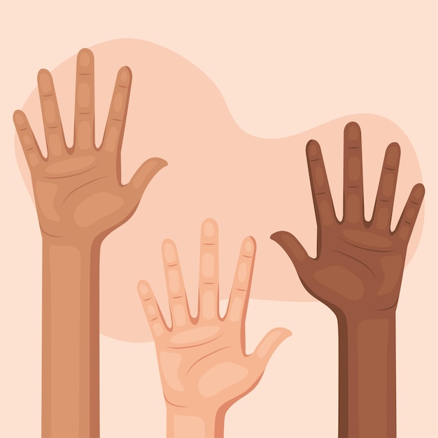 Vector three interracial human hands set