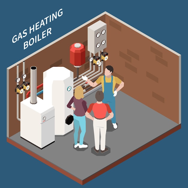 Vector three isometric characters in heating room with gas boilers 3d illustration