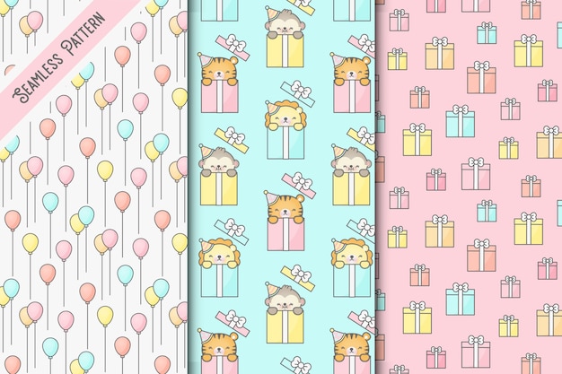 Three kawaii birthday seamless patterns set