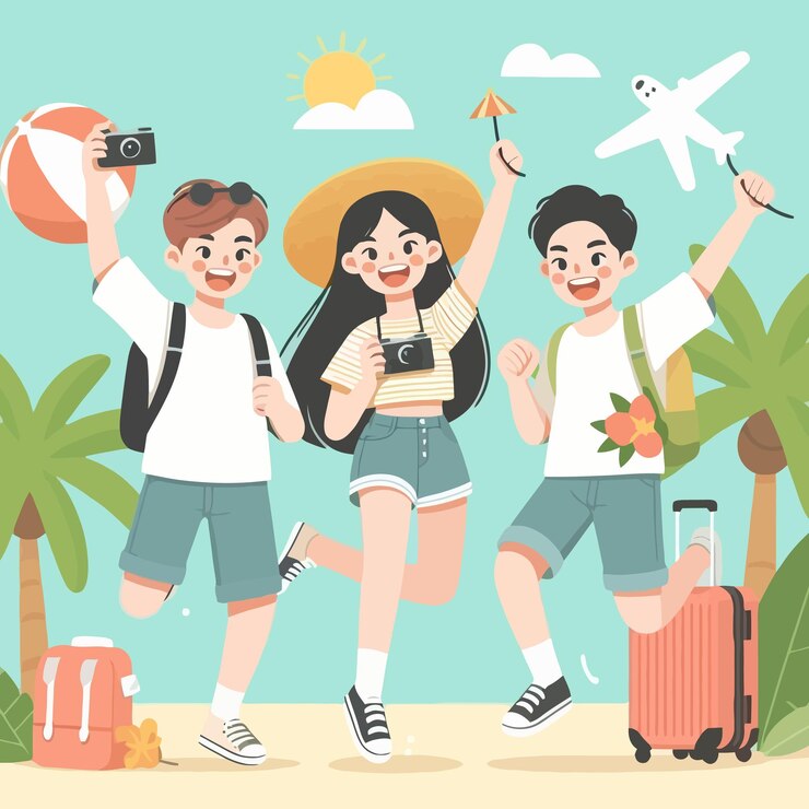3人の子供がカメラとナツメヤシの木で写真を撮るポーズをとっている