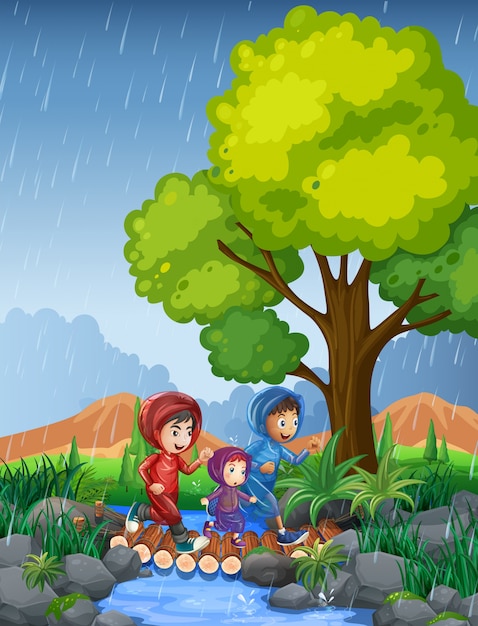 Three kids running in rain