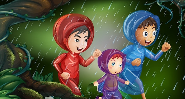 Three kids running in the rain