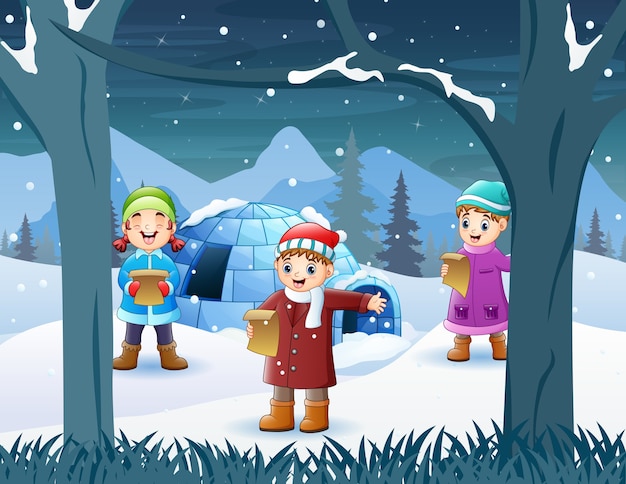 Three kids in winter clothes singing together