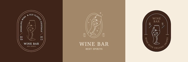 Vector three kinds of the same logo for wine bar emblem design template with hand hold wine glass abstract line sign for cafe cocktail bar drinks store