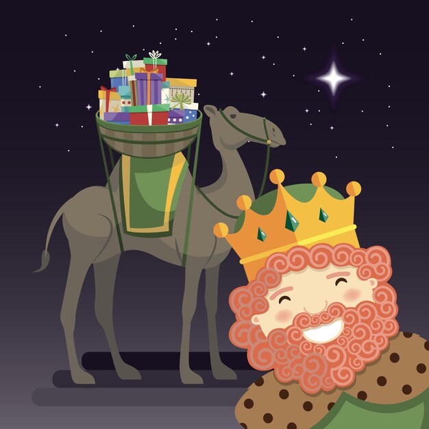 Вектор Селфи трех королей ночью с королем каспаром, верблюдом и подарками