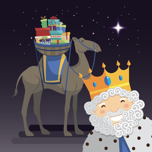 Three kings selfie with king melchior, camel and gifts at night