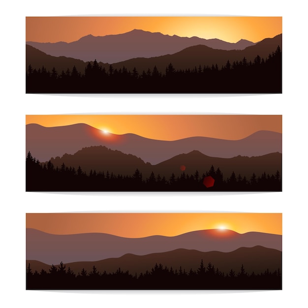 Three landscape banners with silhouettes of mountains and forest at sunrise Vector illustration set