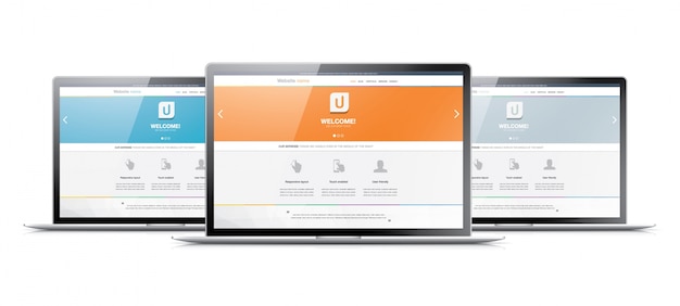 Vettore tre computer portatili che visualizzano siti web di codifica moderni di sviluppo web