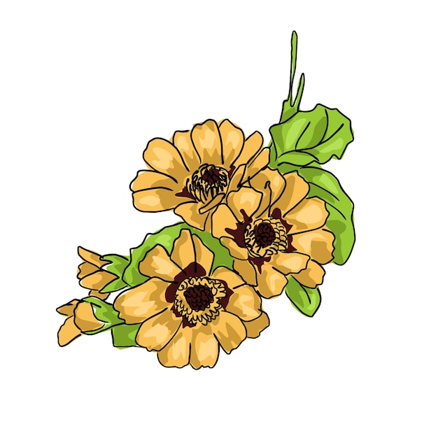 흰색 배경에 녹색 잎 만화 스케치가 있는 세 개의 큰 노란색 꽃