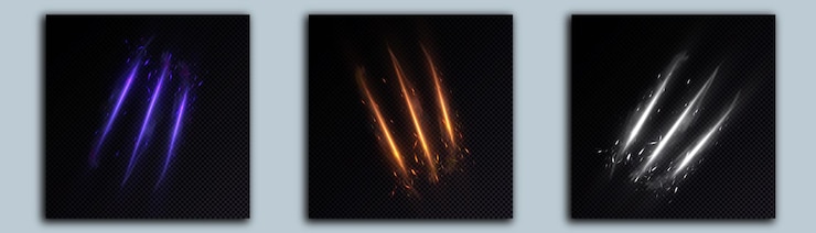 Vector three lines of sparks and glowing claws light effect of claw cutting vector