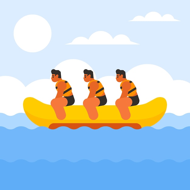 Three Male Persons On The Banana Ride Isolated On Transparent Background