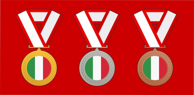 빨간색 배경에 세 개의 메달이 있고 그 중 하나에는 이탈리아라는 단어가 있습니다.