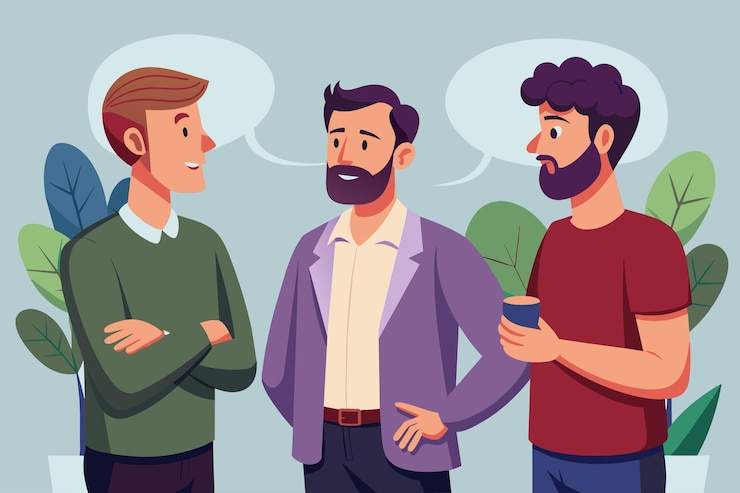 Vector three men in casual attire standing next to each other engaged in conversation men talking customizable disproportionate illustration