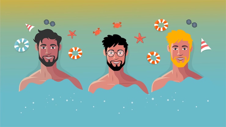 Vector three men swimming in colorful summer pool
