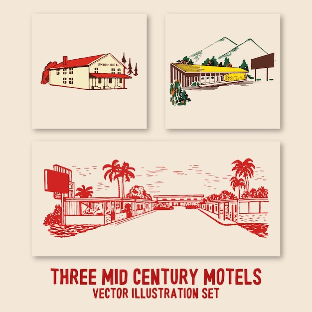 Three mid century motels vector illustration set