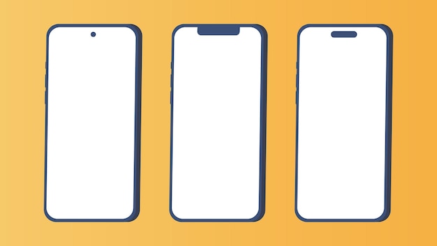 Vettore tre smartphone moderni con schermi vuoti su uno sfondo dorato