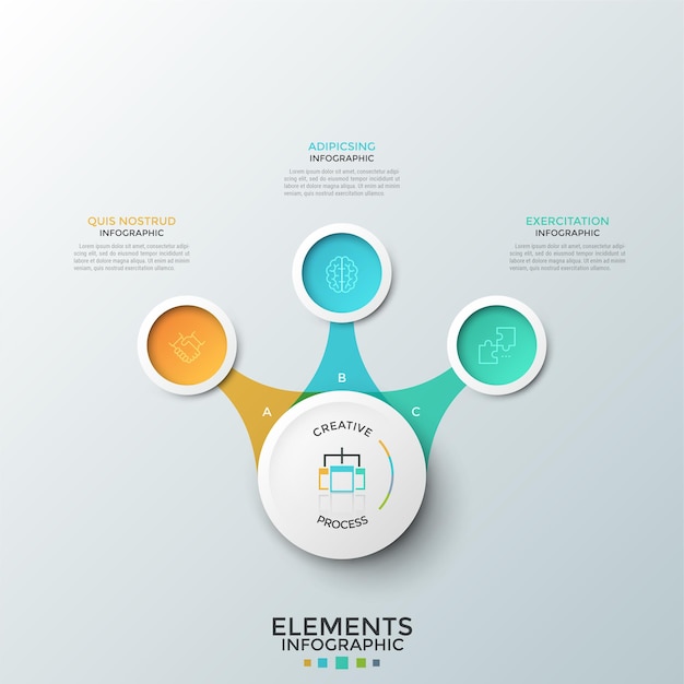 Tre cerchi multicolori con simboli lineari all'interno posizionati attorno all'elemento rotondo principale. concetto di 3 fasi di sviluppo del progetto di avvio. modello di progettazione infografica creativa.