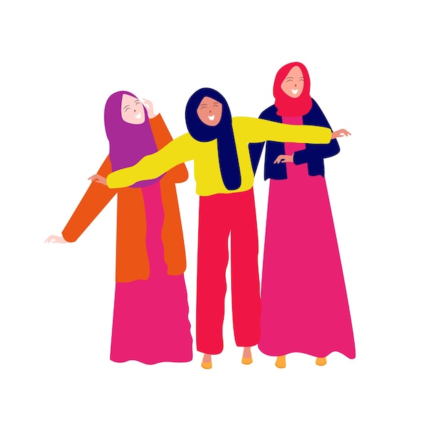 three muslim girls wearing hijab together friendship toothy smile expression enjoyful well