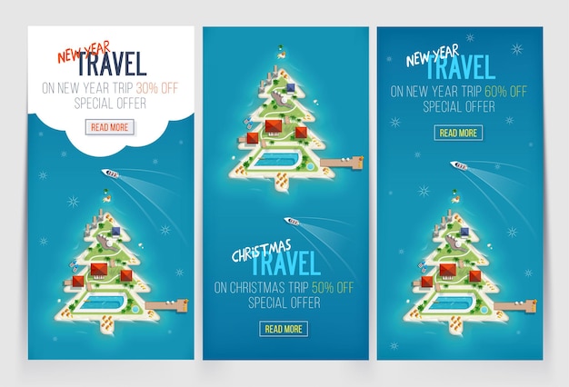 Vector three new year and christmas vacation holiday banners template