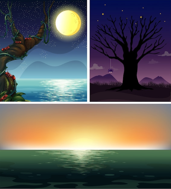 Three night scenes of the ocean