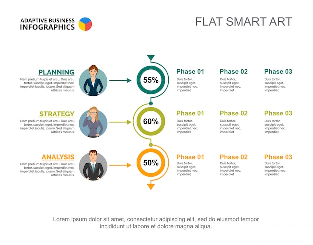 Три процентных диаграммы. Редактируемый шаблон для диаграммы процесса, вертикальная блок-схема.