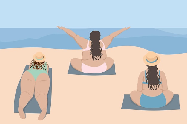 Three overweight mature women in swimsuits overlooking the sea do sports and meditate