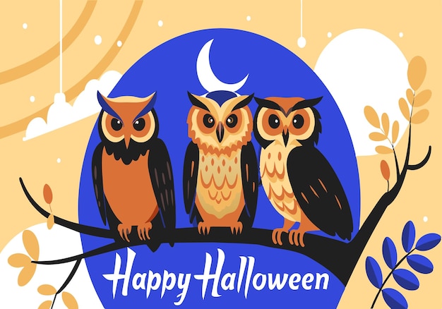 Vector three owls sitting on a branch with a blue background