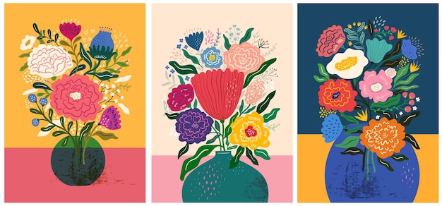Вектор Три картины с цветами на столе