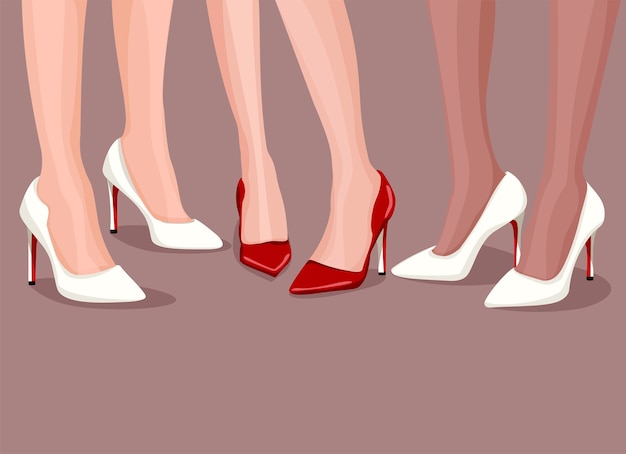 Three pairs of sexy female legs wearing elegant high heels.