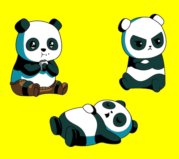 Three pandas are sitting in front of a yellow background