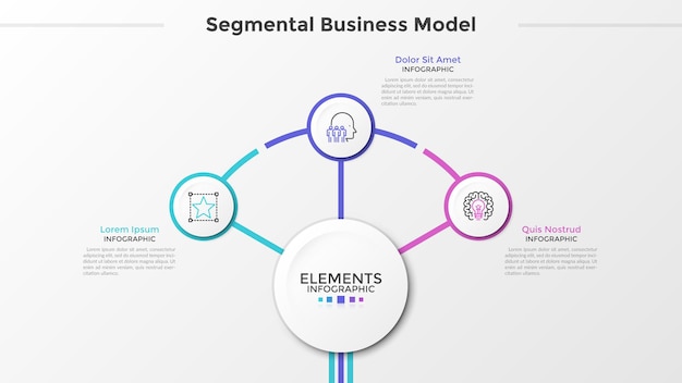 Three paper white round elements with thin line symbols inside surround main circle in center. Concept of segmental business model with 3 steps. Modern infographic design template. Vector illustration