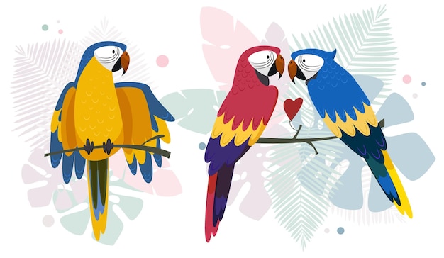 Three parrots on the background of nature foliage Isolated vector image on a white background