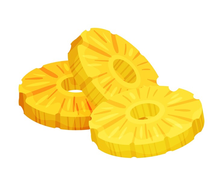 Vector three peeled yellow ringshaped pineapple slices vector illustration on a white background