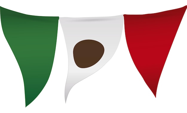 Tre gagliardetti con colori messicani verde bianco e rosso isolati su sfondo bianco
