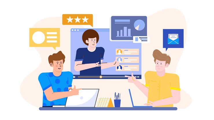 Three people are talking about business increase in diagram or graphic at the office