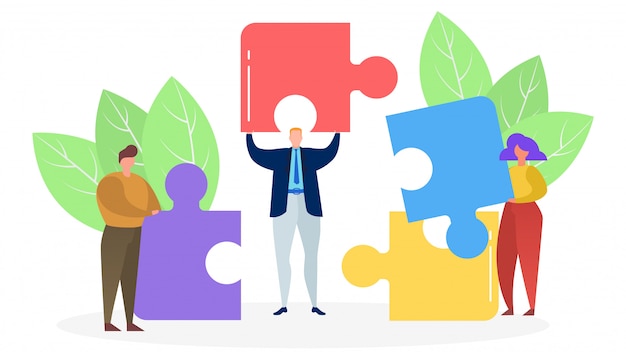 Three people connect colored puzzle pieces on white background, concept of successful business,   illustration.