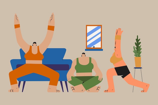 Three people doing yoga illustration