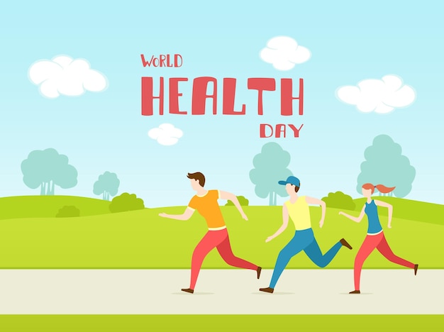 Three people running and lettering world health day